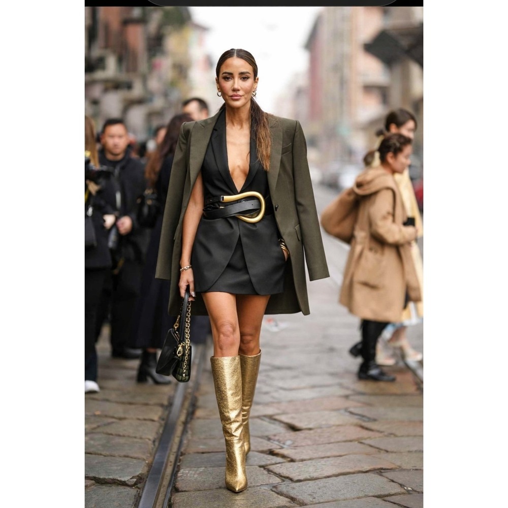 Clubwear Metallic Stiletto Heel Statement Boots Gold Shimmer Y3K Size 7.5 Party